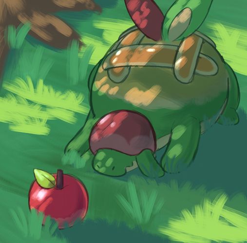 drawing of an appletun crouched on the ground in front of an apple. sunlight filters in from trees overhead.